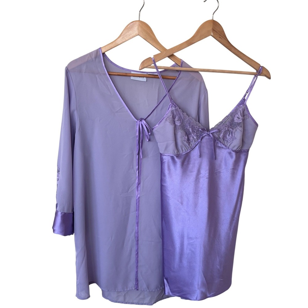 Jaclyn Smith Womens Satin Lace Peignoir Robe Set XS/S Purple Lingerie Vintage